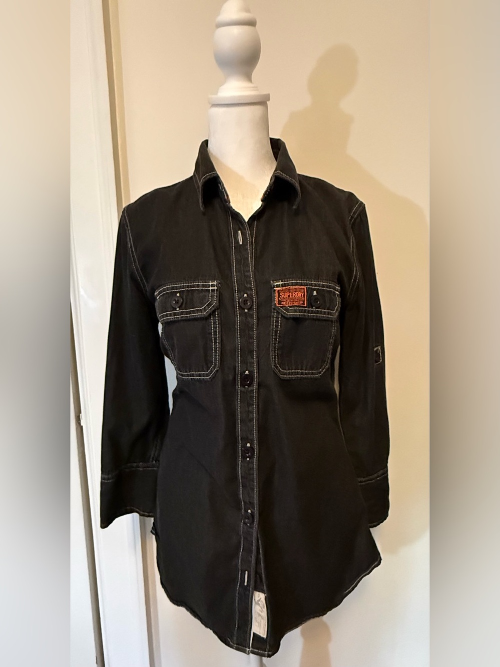 Superdry Black Button-Front Workshirt with Contrast Stitching